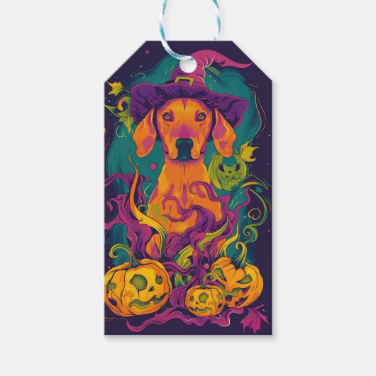 Spooky Vizsla Hond Halloween Heks en Pompoen Cadeaulabel (Voorkant)