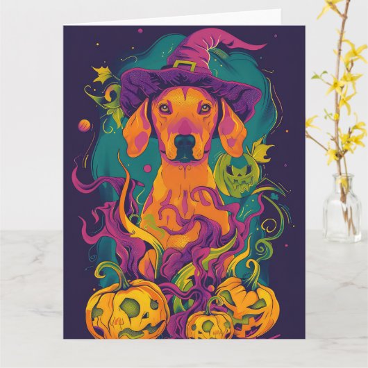 Spooky Vizsla Hond Halloween Heks en Pompoen Kaart (Gele Bloem)