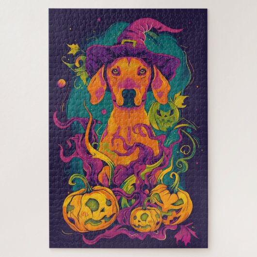 Spooky Vizsla Hond Halloween Heks en Pompoen Legpuzzel (Verticaal)