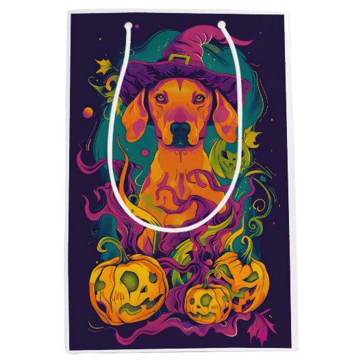Spooky Vizsla Hond Halloween Heks en Pompoen Medium Cadeauzakje (Voorkant)