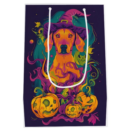 Spooky Vizsla Hond Halloween Heks en Pompoen Medium Cadeauzakje (Achterkant)