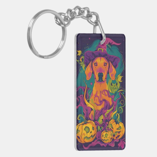 Spooky Vizsla Hond Halloween Heks en Pompoen Sleutelhanger (Voorkant Links)