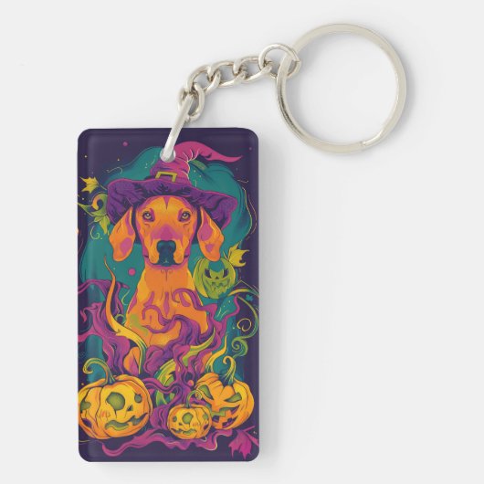 Spooky Vizsla Hond Halloween Heks en Pompoen Sleutelhanger (achterkant)