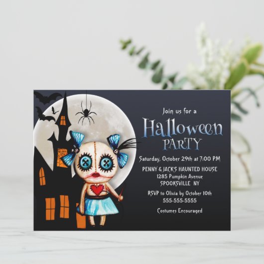 Spooky Voodoo Doll Halloween Party Kaart (Staand voorkant)