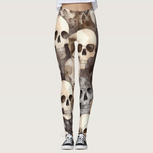 Spooky Waterverf Skulls Halloween Leggings (Voorkant)