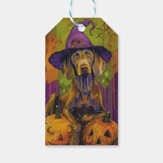 Spooky Weimaraner hond Halloween heks en pompoen Cadeaulabel (Voorkant)