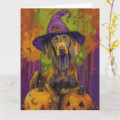 Spooky Weimaraner hond Halloween heks en pompoen Kaart (Gele Bloem)