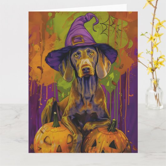 Spooky Weimaraner hond Halloween heks en pompoen Kaart (Gele Bloem)