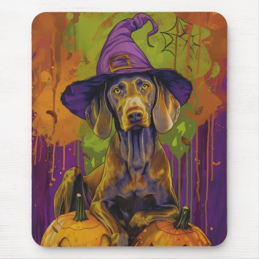 Spooky Weimaraner hond Halloween heks en pompoen Muismat (Voorkant)