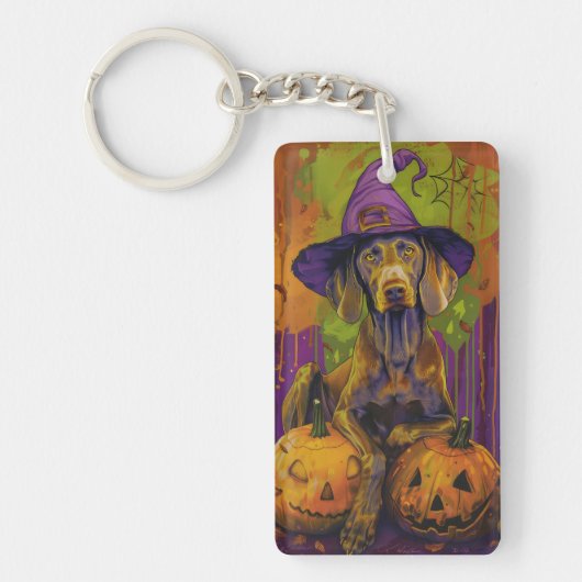 Spooky Weimaraner hond Halloween heks en pompoen Sleutelhanger (Voorkant)