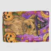 Spooky Wheaten Terrier Hond Halloween Heksenpompoe Golfhanddoek (Horizontaal)