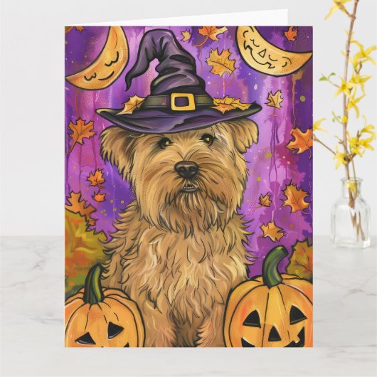 Spooky Wheaten Terrier Hond Halloween Heksenpompoe Kaart (Gele Bloem)