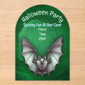 Spooky White Bat Glowing Green Cave Halloween Acryl Uitnodigingen (Voorkant)