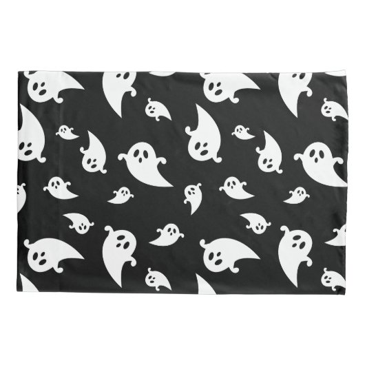 Spooky White Ghosts Patroon op Black Halloween Kussensloop (Achterkant)
