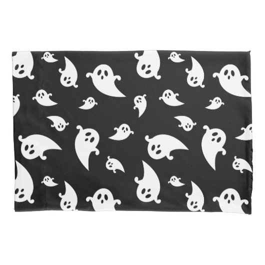 Spooky White Ghosts Patroon op Black Halloween Kussensloop (Voorkant)