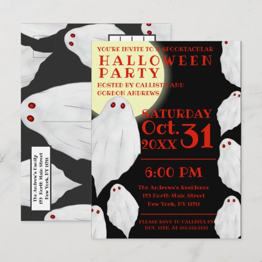 Spooky White Ghosts Waterverf Halloween Party Uitnodiging Briefkaart (Voorkant / Achterkant)