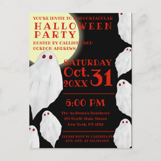 Spooky White Ghosts Waterverf Halloween Party Uitnodiging Briefkaart (Voorkant)