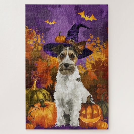 Spooky Wirefox Terrier Hond Halloween Heks Pompoen Legpuzzel (Verticaal)