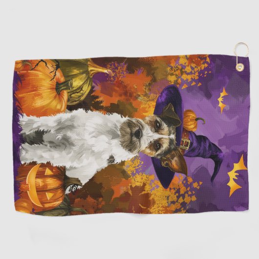Spooky Wirefox Terrier Hond Halloween Heksenpompoe Golfhanddoek (Horizontaal)