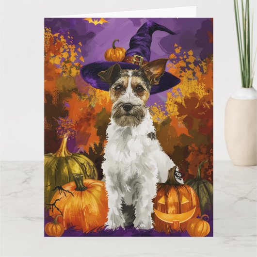 Spooky Wirefox Terrier Hond Halloween Heksenpompoe Kaart (Voorkant)