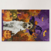 Spooky Wirefox Terrier Hond Halloween Heksenpompoe Legpuzzel (Horizontaal)
