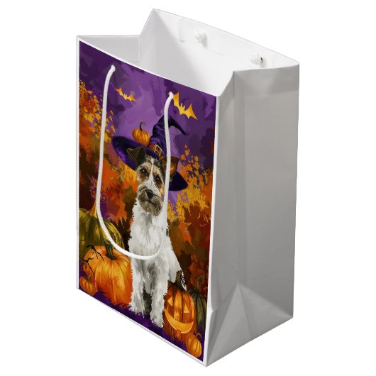 Spooky Wirefox Terrier Hond Halloween Heksenpompoe Medium Cadeauzakje (Voorkant Gekanteld)