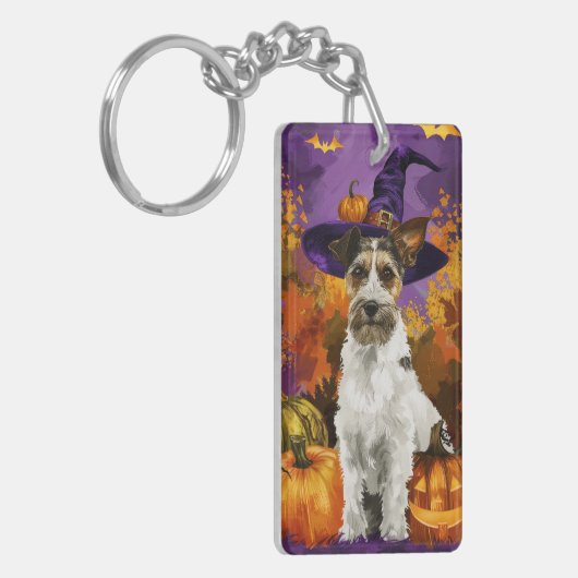Spooky Wirefox Terrier Hond Halloween Heksenpompoe Sleutelhanger (Voorkant Links)