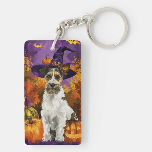 Spooky Wirefox Terrier Hond Halloween Heksenpompoe Sleutelhanger (achterkant)