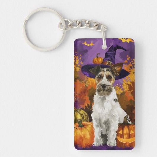 Spooky Wirefox Terrier Hond Halloween Heksenpompoe Sleutelhanger (Voorkant)