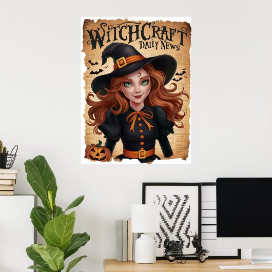Spooky Witch Bat stijl Halloween krant Poster (Thuiskantoor)