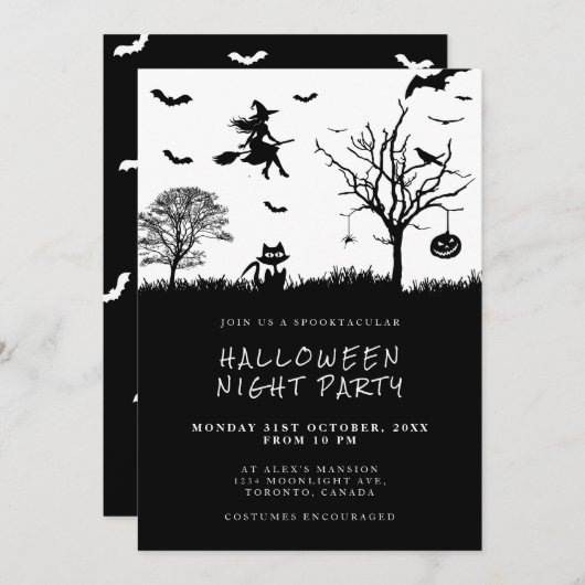 Spooky Witch Black en White Halloween Party Kaart (Voorkant / Achterkant)