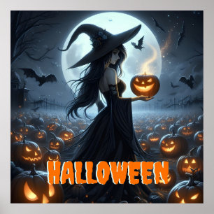 Spooky Witch en Jack-O-Lanterns Poster