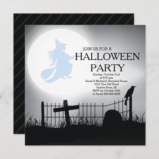 Spooky Witch Graveyard Halloween Party Invitation Kaart (Voorkant / Achterkant)