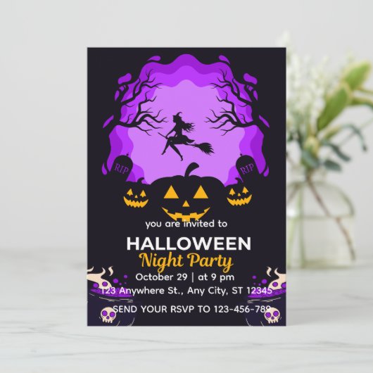Spooky Witch Halloween Night Party Invitation Kaart (Staand voorkant)