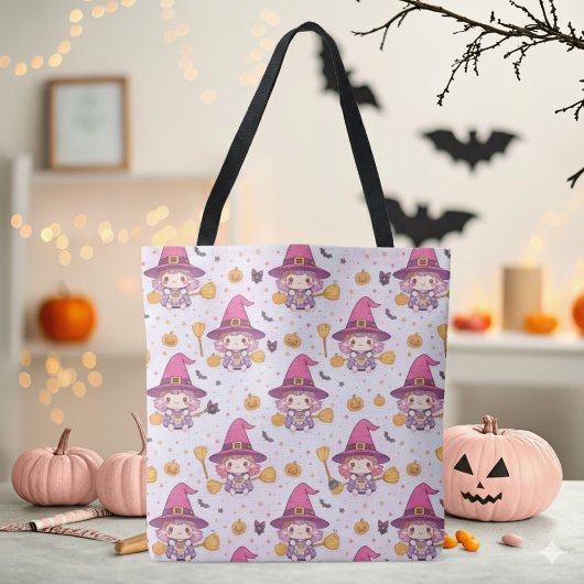 Spooky Witch Halloween Patroon met Pumpkins Star Tote Bag