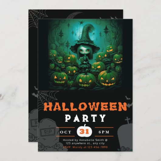 Spooky Witch Jack-O' Lantaarns Volle Maan Hallowee Kaart (Voorkant / Achterkant)