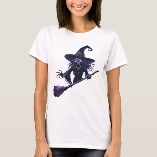 Spooky Witch met Tall Pet en Wand - Halloween De T-shirt (Voorkant)