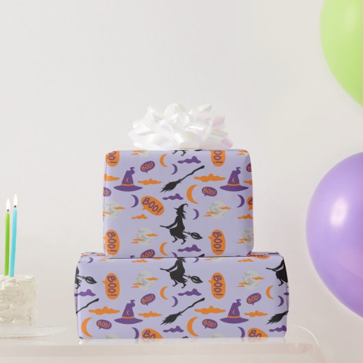 Spooky Witch, Moon en Broom Halloween Gift Wrap Cadeaupapier (Feestgeschenken)