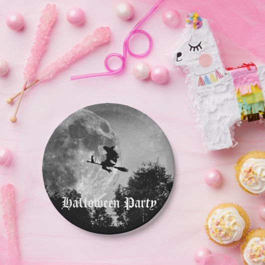 Spooky Witch op Broom Full Moon Halloween Papieren Bordje (Feest)