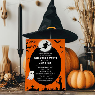 Spooky Witch Over The Moon Oranje Halloween Party Kaart