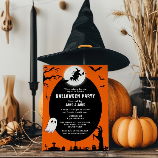 Spooky Witch Over The Moon Oranje Halloween Party Kaart