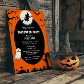 Spooky Witch Over The Moon Oranje Halloween Party Kaart