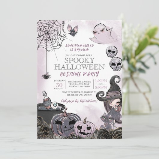 Spooky Witch Paars Black Halloween Costume Party Kaart (Staand voorkant)