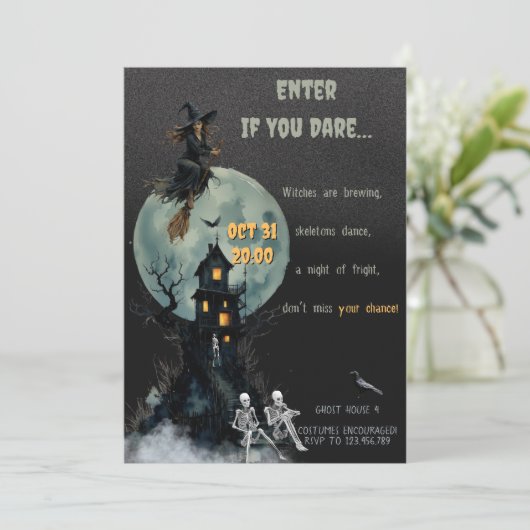 Spooky Witch Skeleton - Haunted House | Halloween Kaart (Staand voorkant)