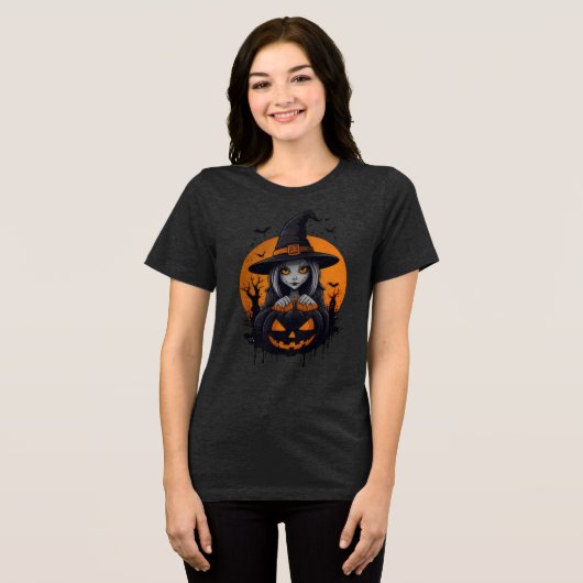 Spooky Witch with Jack-o’-Lantern Art Tri-Blend Shirt (Voorkant volledig)