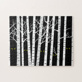 Spooky Yellow Halloween Eyes in Birch Forest Legpuzzel