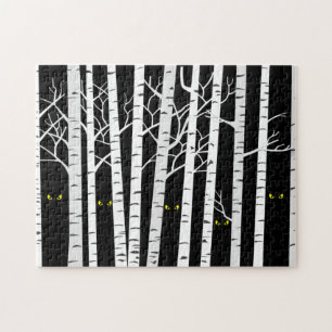 Spooky Yellow Halloween Eyes in Birch Forest Legpuzzel
