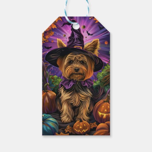 Spooky Yorkipoo Hond Halloween Heks en Pompoen Cadeaulabel (Voorkant)