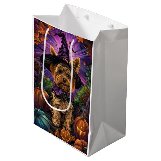 Spooky Yorkipoo Hond Halloween Heks en Pompoen Medium Cadeauzakje (Voorkant Gekanteld)
