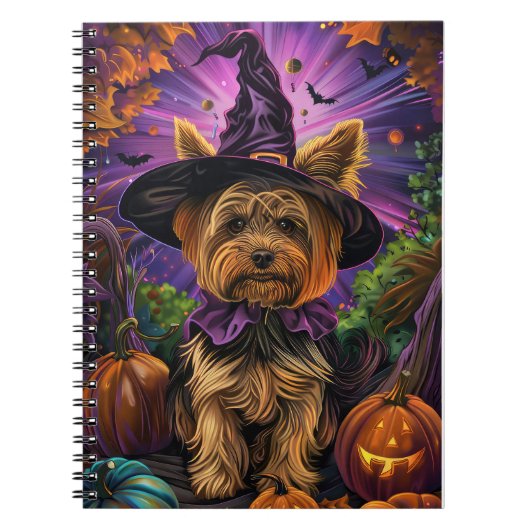 Spooky Yorkipoo Hond Halloween Heks en Pompoen Notitieboek (Voorkant)